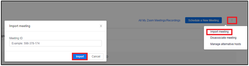 Image of the Import Meeting option screen