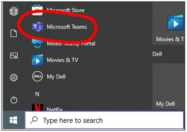 Image of Start Menu location for Microsoft Teams