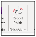 Image of PhishAlarm option in the Outlook ribbon