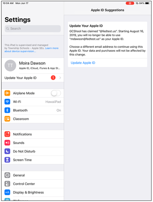 Image of the Settings window for updating the Apple ID