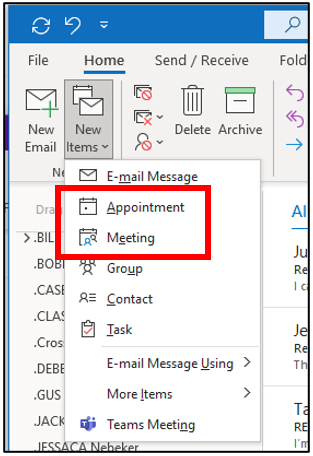 Image of Outlook menu showing new appointment and meeting