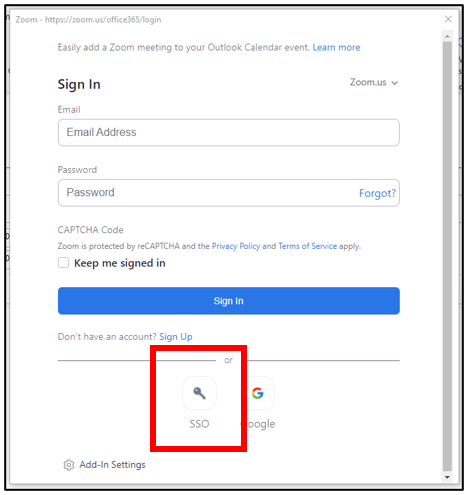 Image of the single sign on icon on the Zoom Meeting credentials page.