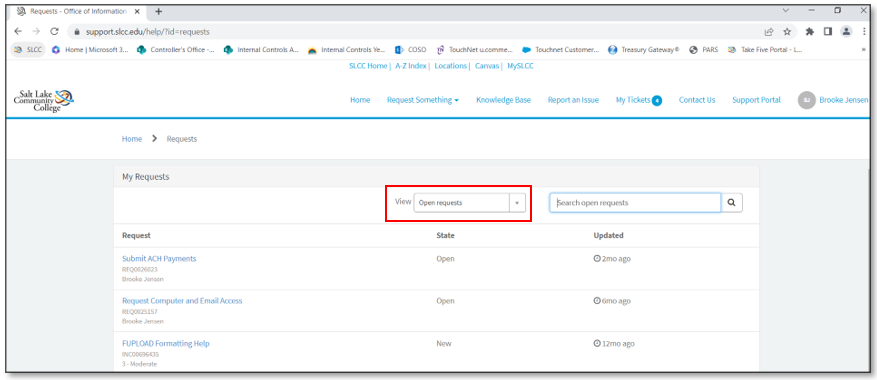 Image of list of all requests that are in an open state.