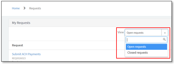 Image of the filter options for My Requests