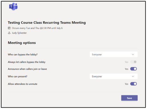 Image of the settings window for the meeting options.