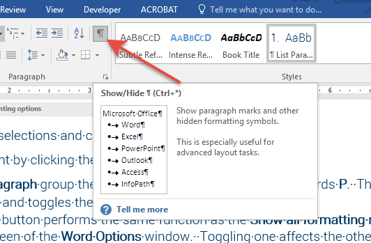 how to show hidden text in microsoft word 2016