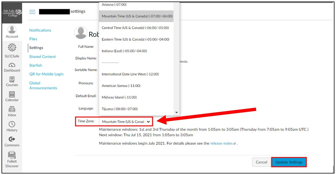 Updating the new time zone settings window