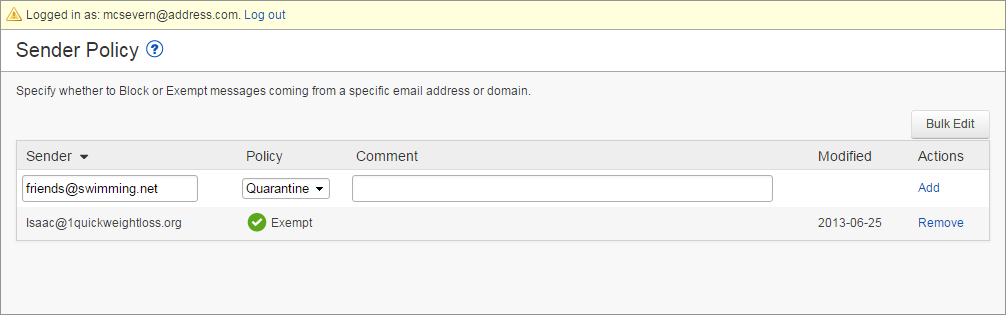 Image shows Sender Policy
