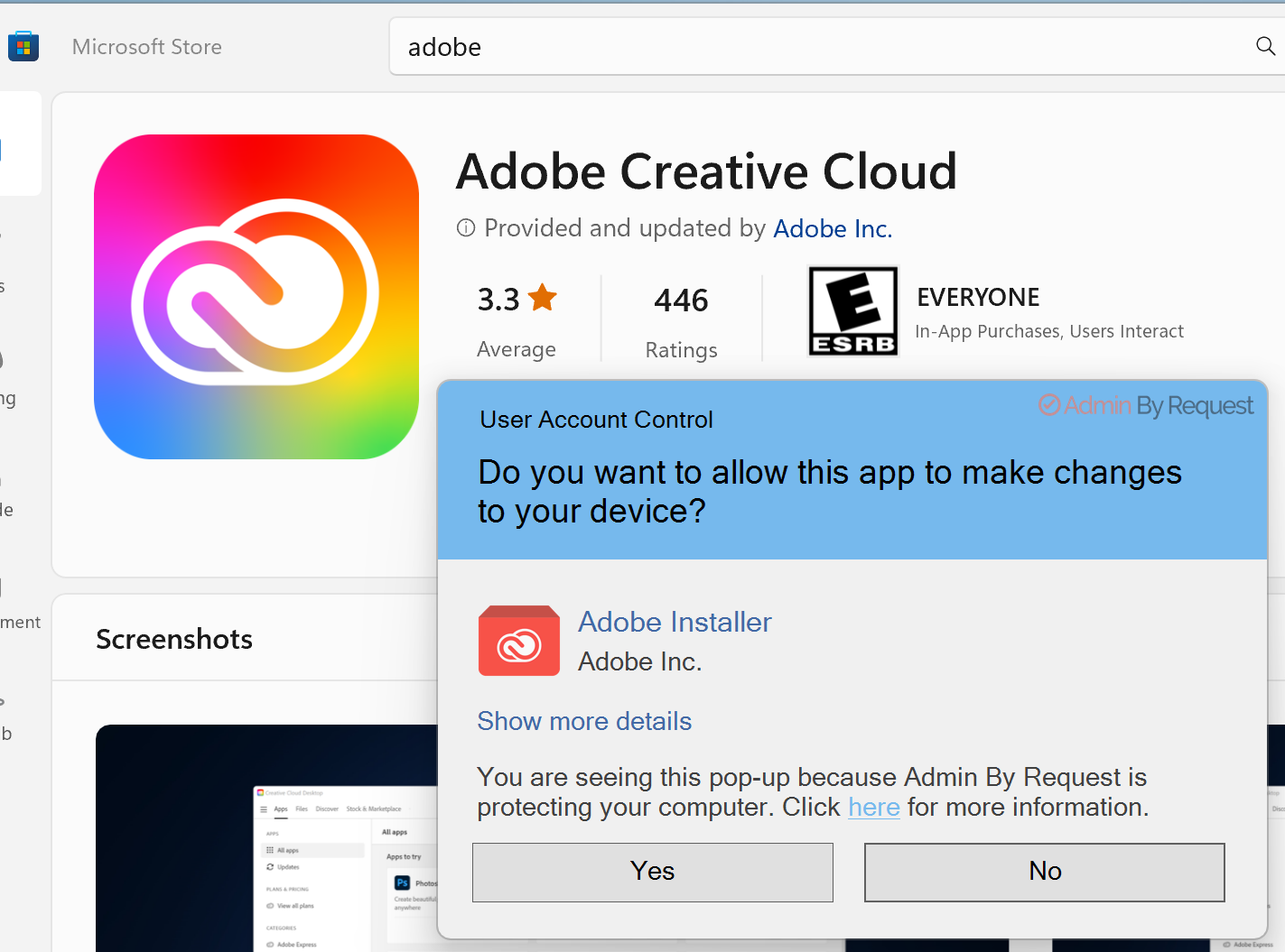 A screenshot of the User Account Control dialog presented by Admin by Request generated from a request to install Adobe Creative Cloud from the Microsoft Store.The dialog is asking the user, "Do you want to allow this app to make changes to your device?," and displays the application Adobe Installer from Adobe Inc. The user is being prompted to click a "Yes" or "No" button to proceed.