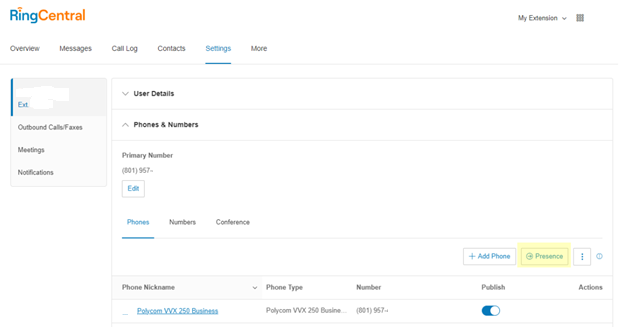 Image shows Presence button